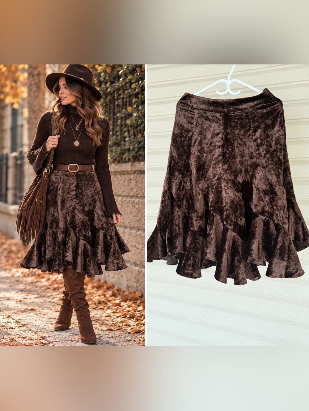 Seduction Chocolate Brown Velour Flared Midi Skirt Y2K Boho Romantic S